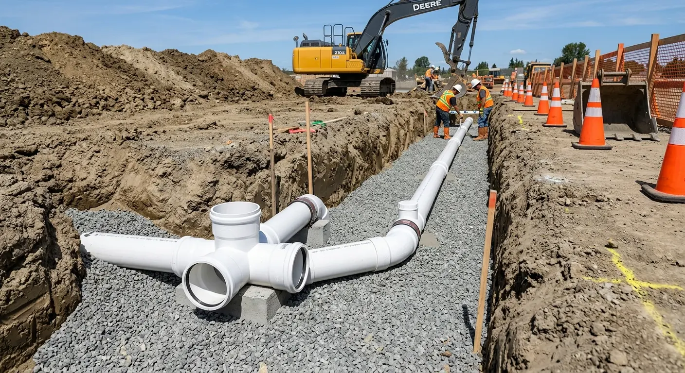 New PVC sewer pipe installation in open trench for Sewer Backup in Newberry