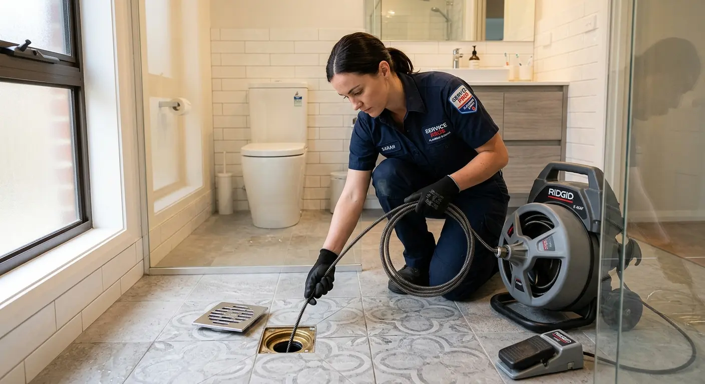 Technician clearing a bathroom floor drain for Sewer Line Replacement in Newberry